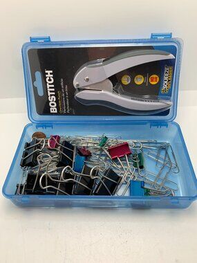 Bostitch One-Hole Punch & Assorted Binder Clips And Paper Clips In Blue Storage